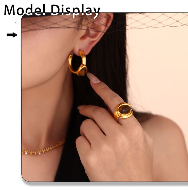 Vintage natural tiger's eye stone C-shaped earrings open ring women's set_voghion.com