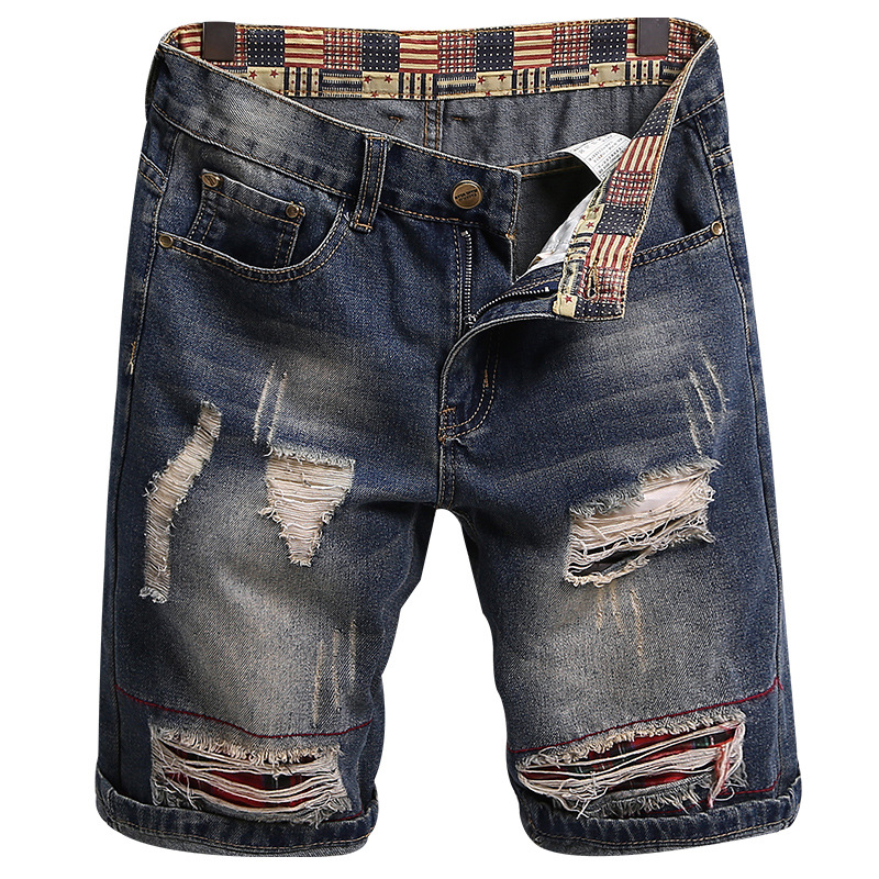 New Summer Distressed Patchwork Denim Shorts For Men, Straight-Leg Rolled Hem Five-Point Trendy Style_voghion.com