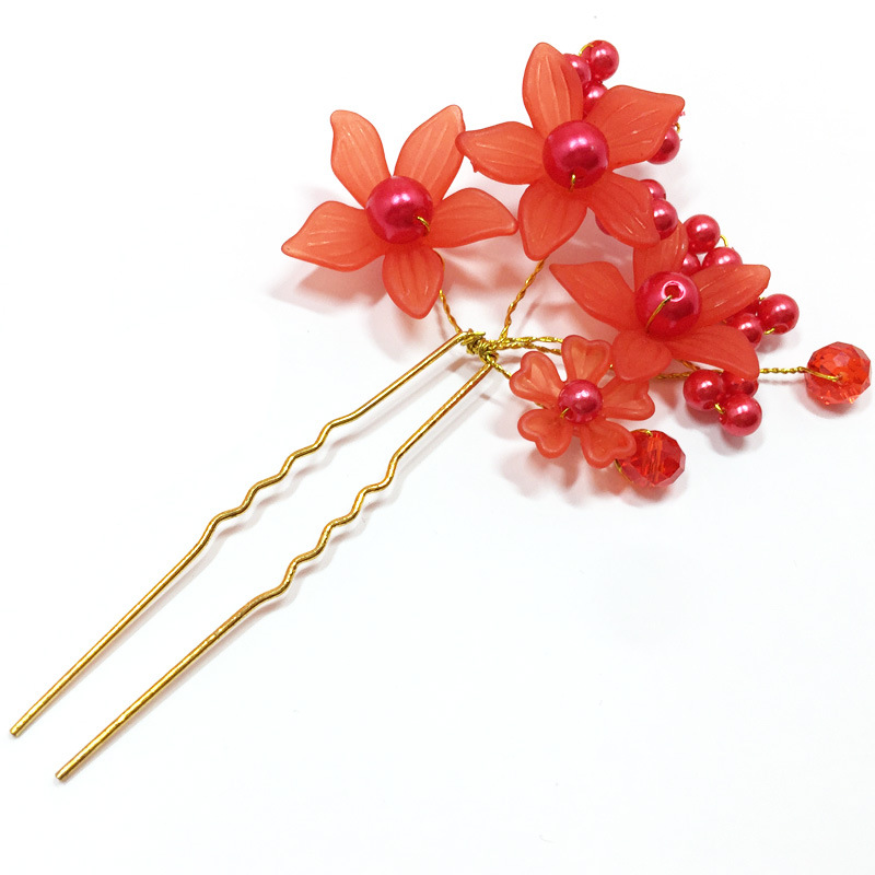 Bruids bruiloft hoofdtooi haaraccessoires rode en witte parel kralen matte bloem haarplug U-vormige haarplug haarspeld groothandel_voghion.com