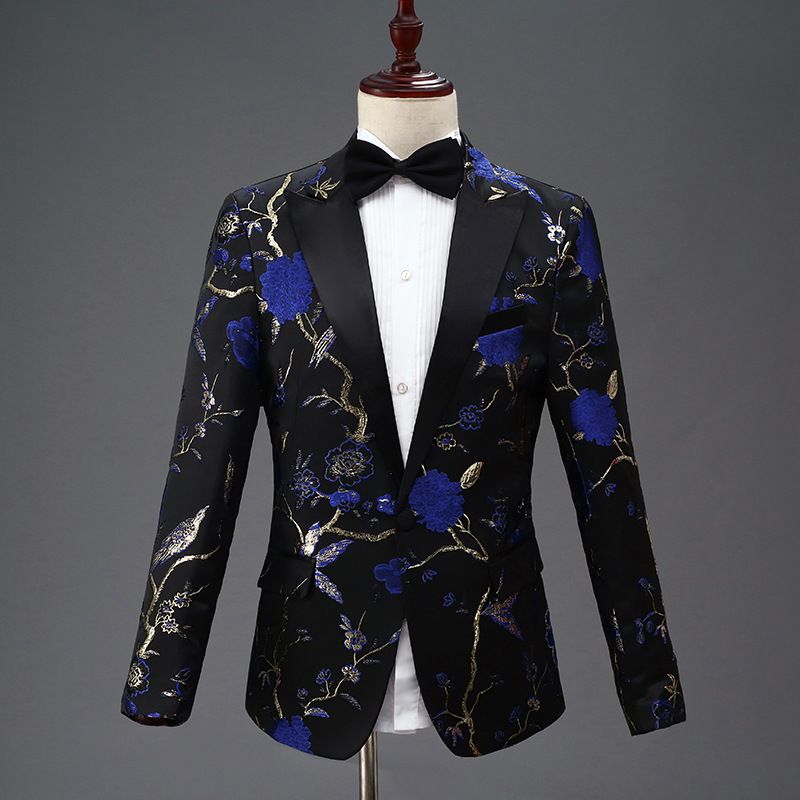 CT New Black Embroidered Men's Single-Breasted Suit Set For Stage Performance Host Costume_voghion.com