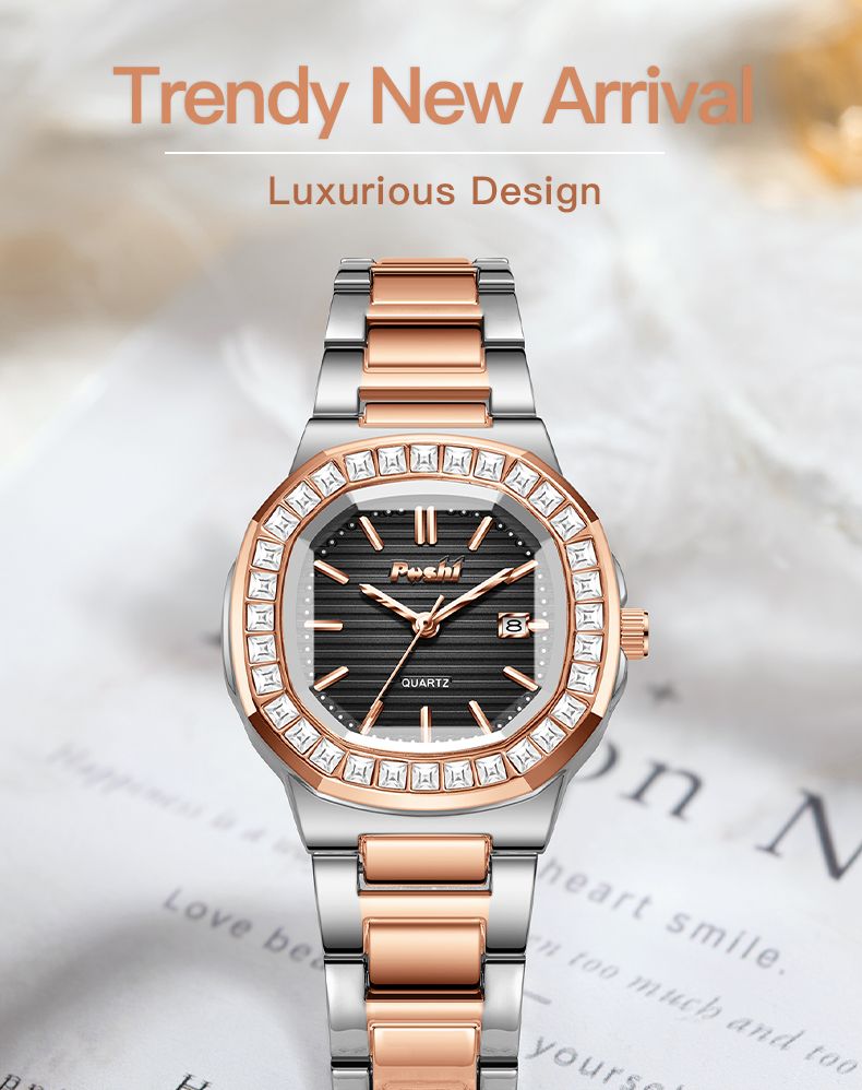 Montre à quartz élégante et tendance pour femme, cadran en cristal avec date, bracelet décontracté_voghion.com
