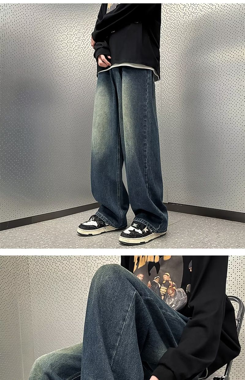 Verwaschene gerade Jeans für Herren im Frühling und Herbst im amerikanischen Stil mit lockerem weitem Bein, übergroße, lässige, trendige Sommerhose_voghion.com