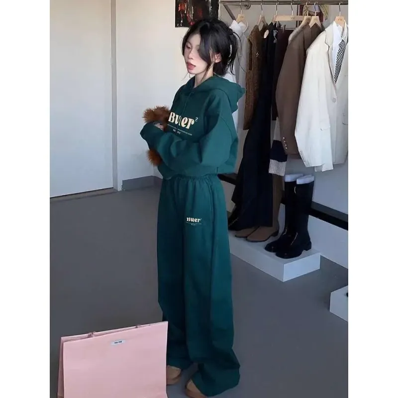Ensemble deux pièces tendance pour femme : sweat à capuche à lettres style américain, pantalon large et ample, coupe décontractée._voghion.com