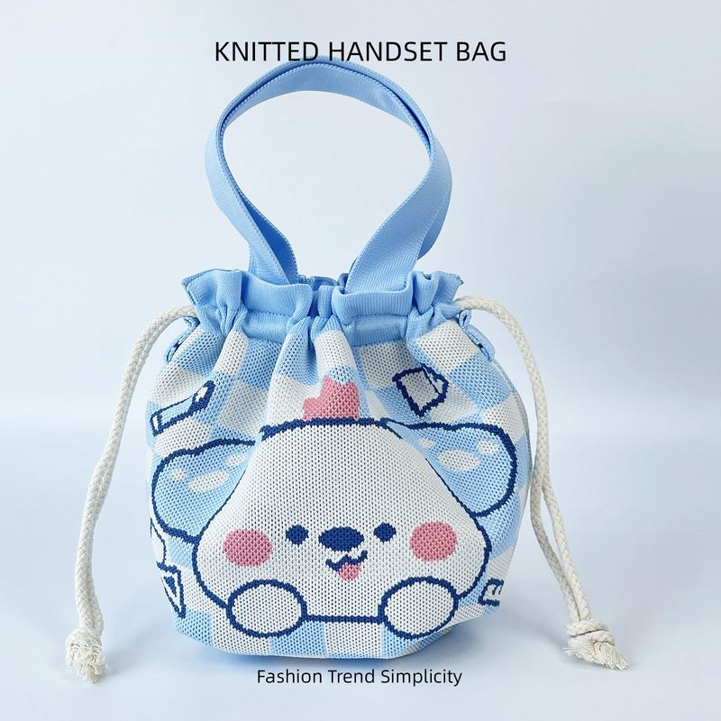 Knitted Water Bucket With Cute Cartoon Pattern, Casual And Versatile Drawstring Handbag, Armpit Bag, Bento Lunch Bag_voghion.com