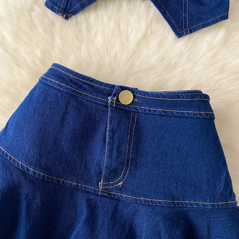 Damenbekleidung Reiner Jeansrock-Anzug im Hot-Girl-Stil für Frauen im Sommer, freiliegendes Hosenträger-Tube-Top, Weste + kurzer, hoch taillierter Rüschenrock_voghion.com