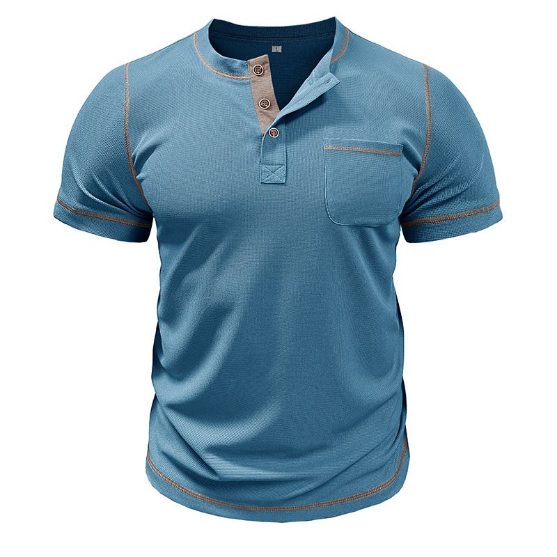 2024 Europäische und amerikanische Herrenbekleidung Rundhalsausschnitt Waffel Henry Kurzarm-T-Shirt Außenhandel Herrenknöpfe Kontrastierende helle Linie Boden_voghion.com
