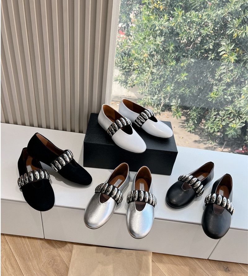 High 2024 Spring Summer Metal Buckle Elatic Strap Ballet Women's Leather Flat One Step Mary Simple Shoes_voghion.com