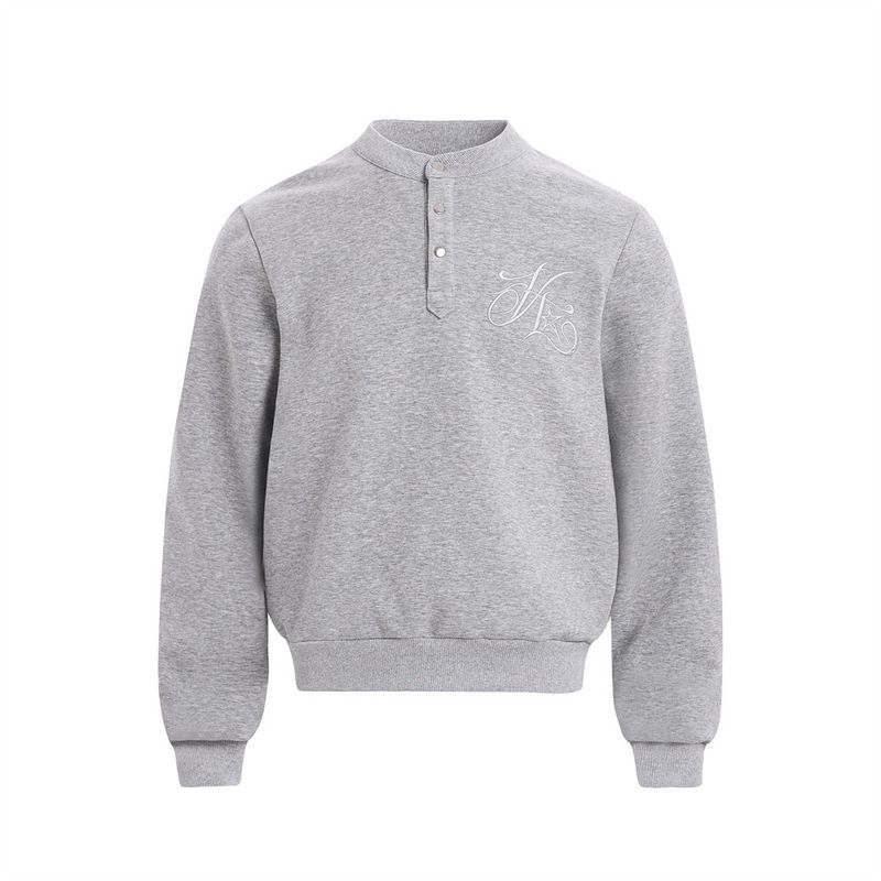 Felpa con bottoni e ricamo a lettere in tinta unita, stile casual da strada americano, semplice e versatile, lunga da uomo._voghion.com