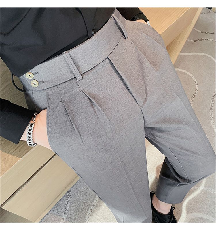 Pantaloni napoletani da uomo nuovi di zecca, in twill strutturato, con vita a pieghe, design casual a nove punte, vita media e alta_voghion.com