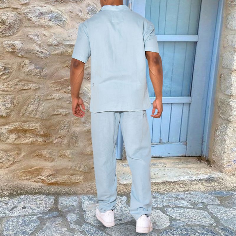 Tuta estiva casual estiva ampia a maniche corte T-shirt pantaloni lunghi elastici a quattro lati da uomo_voghion.com