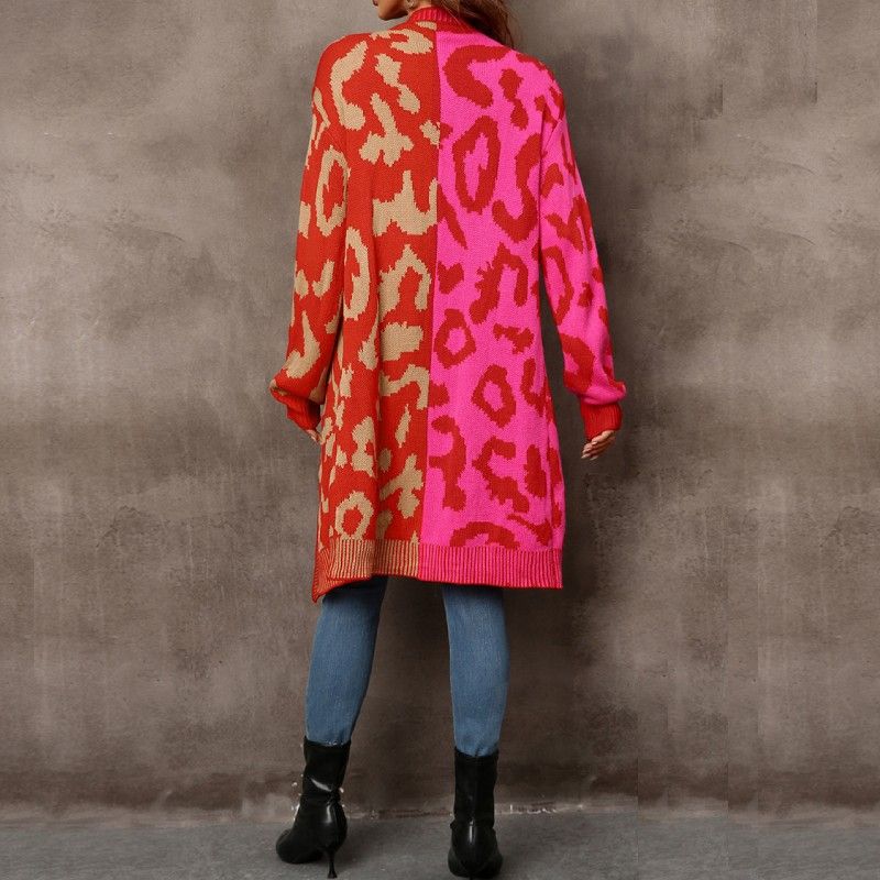 Women's Leopard Print Blend Knit Cardigan Longline Coat - Stylish & Comfortable Open Front Sweater For Fall & Winter_voghion.com