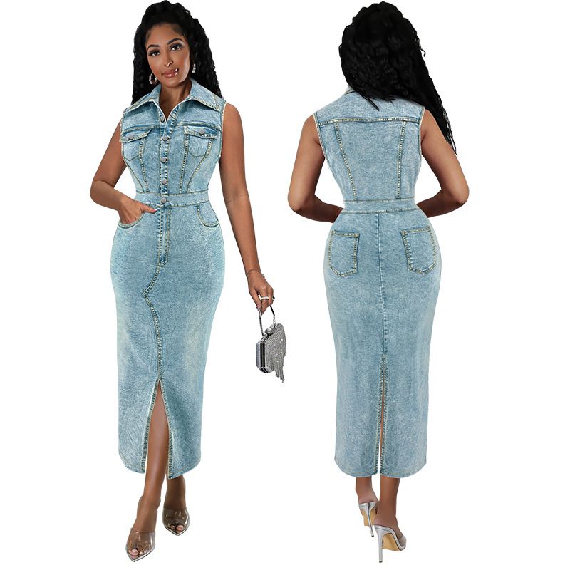 Abbigliamento da donna taglie forti abito senza maniche in denim con spacchi sul bavero_voghion.com