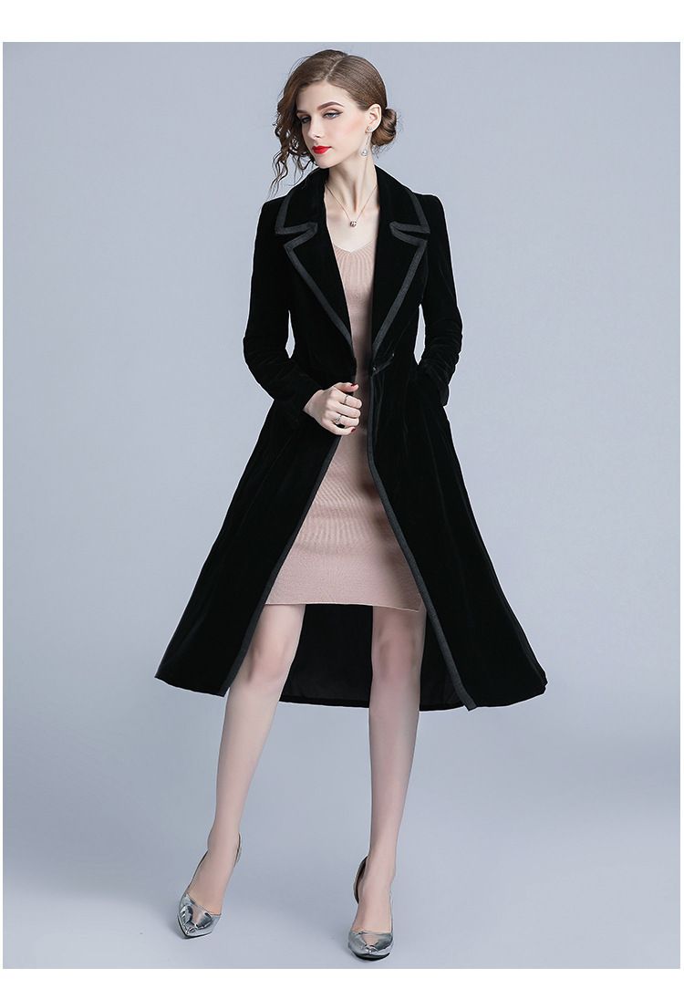 Trench in velluto nero di media lunghezza da donna, modello Dea, primavera e autunno, di Socialite Fashion_voghion.com