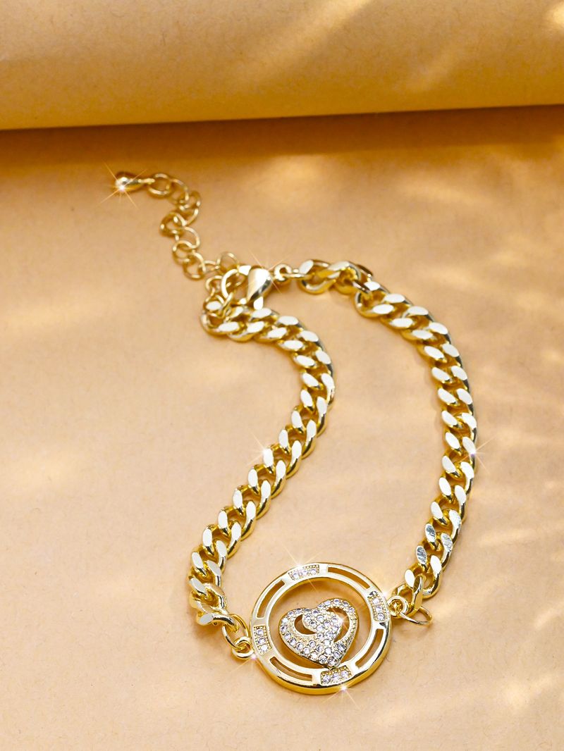 Bracelet élégant et polyvalent en forme de cœur, orné de zircon, ajustable et plaqué or, style cubain. Bijou pour femme._voghion.com
