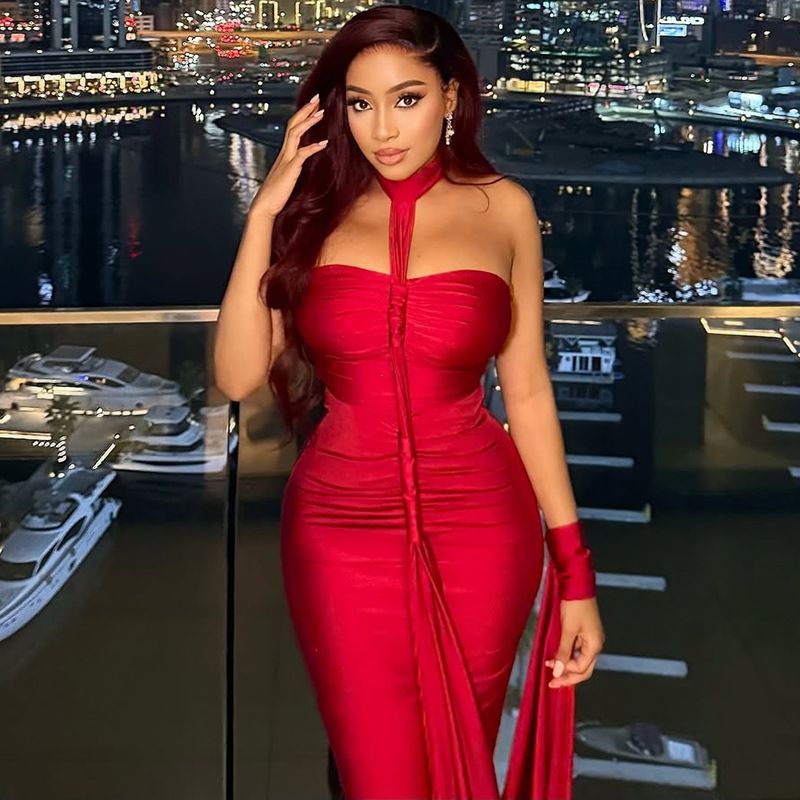 Damenbekleidung, einfarbig, temperamentvoll, elegant, rückenfrei, Wickelkorsett, figurbetontes Kleid mit Rüschen, One-Shoulder-Ausschnitt für Party- und Abendgarderobe_voghion.com