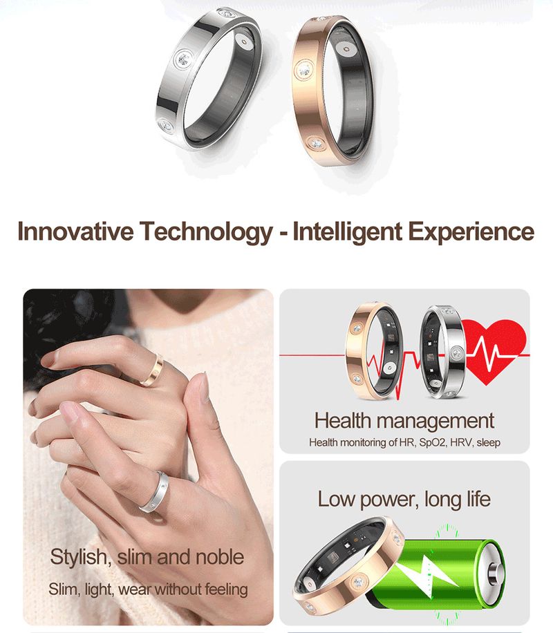 Nuovo anello intelligente HR01 con monitoraggio della frequenza cardiaca, del sonno, dell'ossigeno nel sangue, contapassi, monitor della salute alla moda con diamanti incastonati_voghion.com