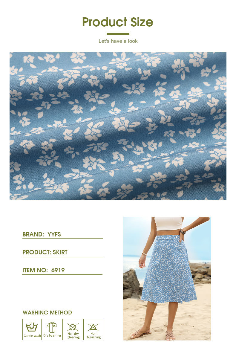 Jupe une pièce florale bleue à taille haute et fendue_voghion.com