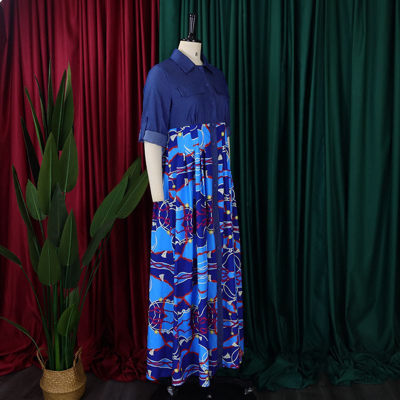 C8551 autumn and winter new large size women's fashion casual denim splicing printed long skirt big swing foreign trade dress_voghion.com