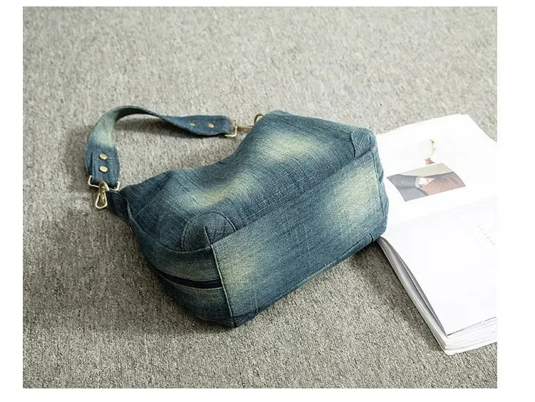 Borsa a tracolla casual da donna in denim con doppia cerniera, borsa a tracolla da donna in tela di qualità, borse da viaggio blu Bolsa_voghion.com