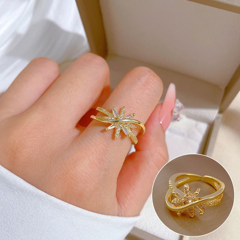 【 Real Gold Plating 】 Open Star Shining Women's Fashion Micro Inlay Light Luxury Ring, Index Finger Ring, Netting Red,_voghion.com