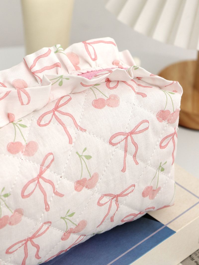 Bow Cherry Kosmetiktasche aus Stoff, große Kapazität, gesteppt, Aufbewahrungstasche für Hautpflegeprodukte, tragbare Reisetasche_voghion.com