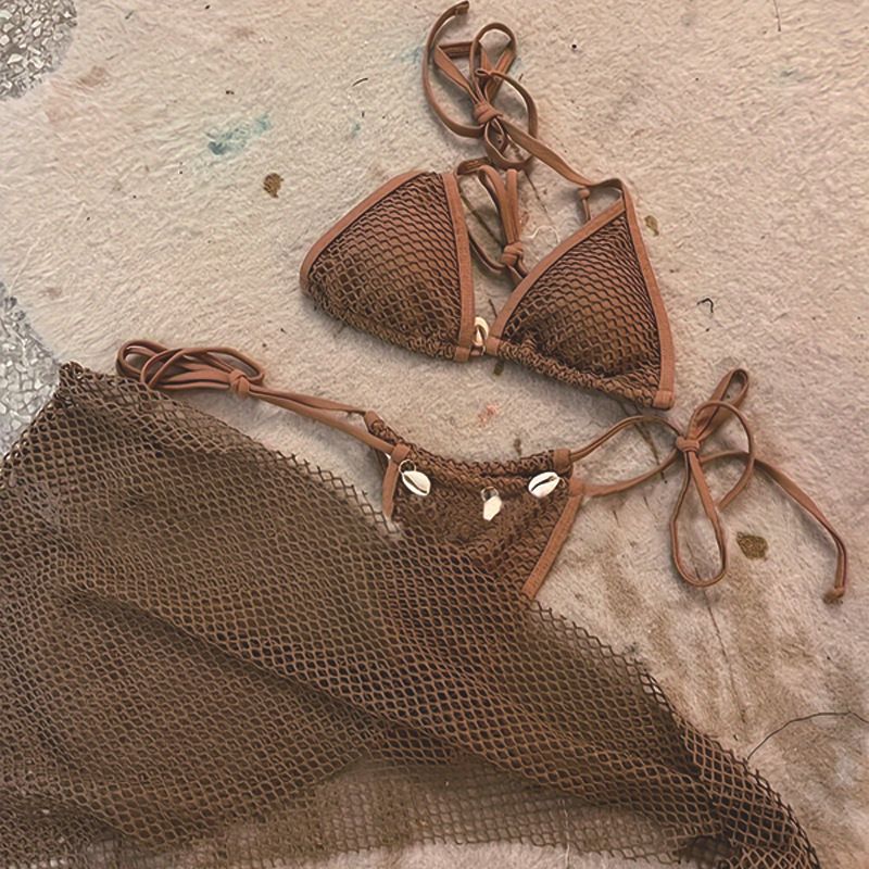 Vêtements pour femmes Couleur Sexy Bikini Maillot de bain trois pièces Chemise en maille pour femmes Jupe de plage Maillot de bain_voghion.com