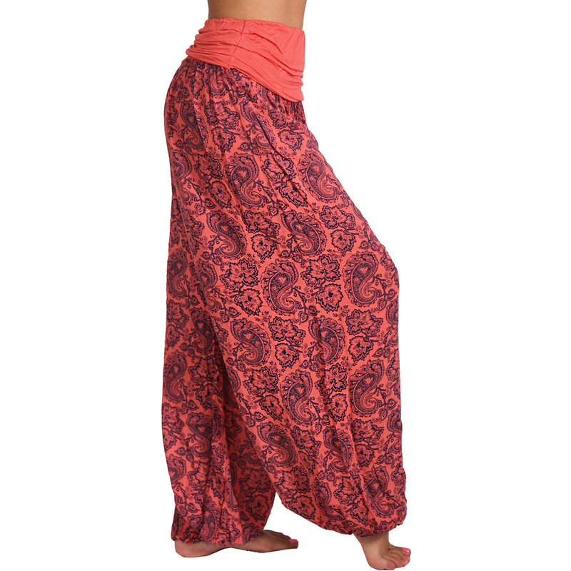 Roupas femininas Impressão digital Calças longas e largas Calças casuais Calças harém_voghion.com