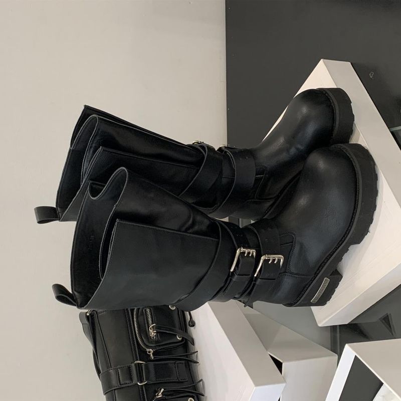 Women Boxing Boots 2025 Autumn Winter New Dark Style Belt Buckle Motorcycle Boxing Thick Sole Mid-Calf Riding Boots For Women_voghion.com