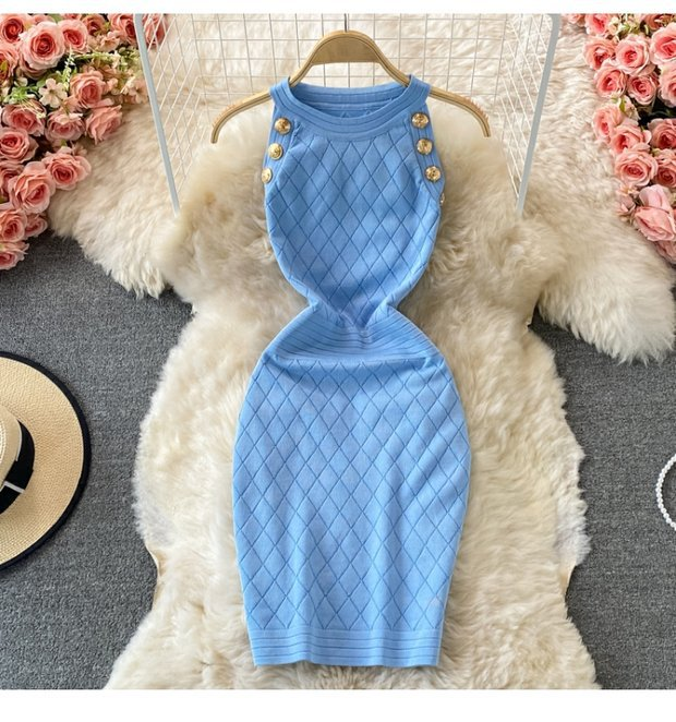 Damen Rundhals Ärmelloses Strick Neckholder Off-Shoulder Kleid Sexy Hüftbetontes Kurzrockkleid_voghion.com