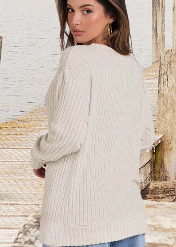 K Women's Long-sleeved V-neck Ribbed Brushed Knitted Top T-shirt_voghion.com