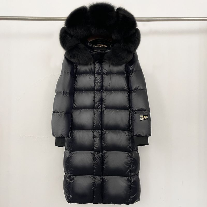 Abbigliamento da donna Giacca lunga con cappuccio e finiture in pelliccia di volpe, 90% piumino d'oca, nylon impermeabile, elegante e caldo cappotto invernale_voghion.com