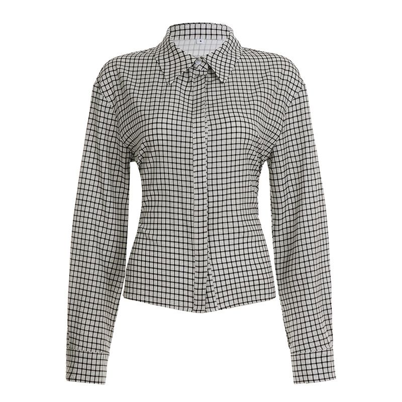 New Autumn Plaid Color-Block T-Shirt Elegant Commuter Waist-Tie Button Long Sleeve Shirt Top_voghion.com