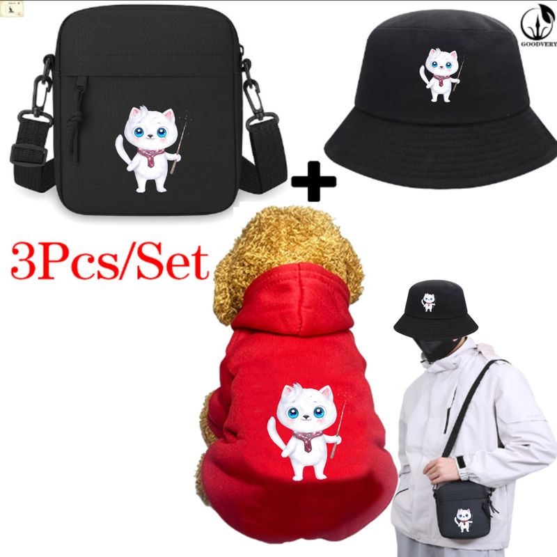 Animal Kangaroo3Pcs/Set White Cat Print Bag Hat Set Pet Apparel Three-Piece Combo Winter Comfort Pet Clothing Stylish Ideal For Outdoor Pet Travel_voghion.com