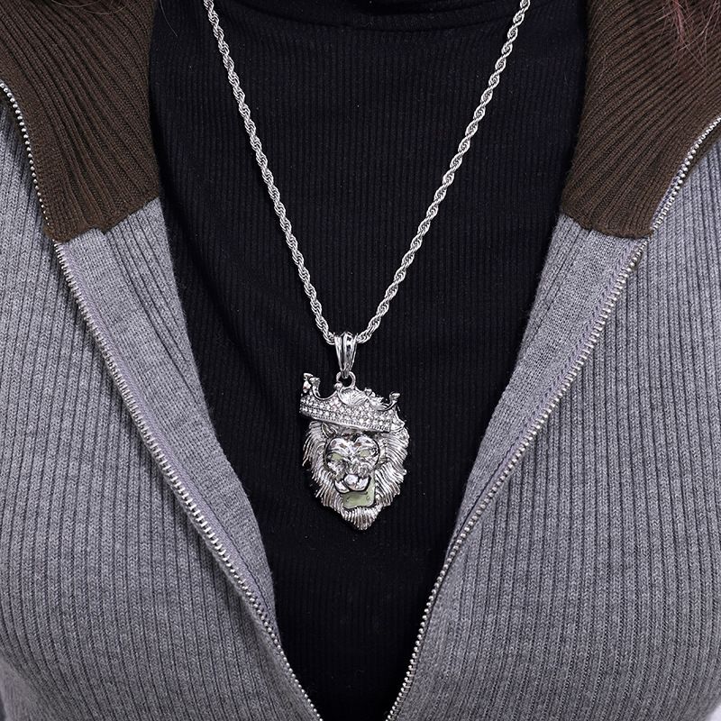 Collier en alliage avec pendentif tête de lion pour homme, bijou hip-hop, motif torsadé de pâte frite_voghion.com