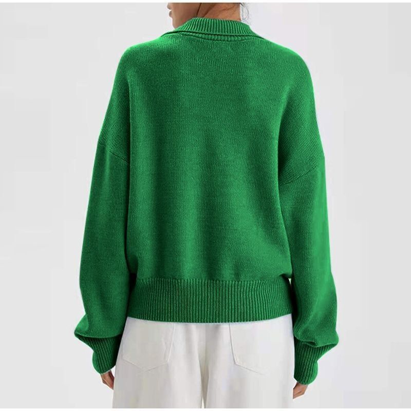 2022 Spring And Autumn New Women's Knitted Polo Collar Pullover Green Sweater_voghion.com