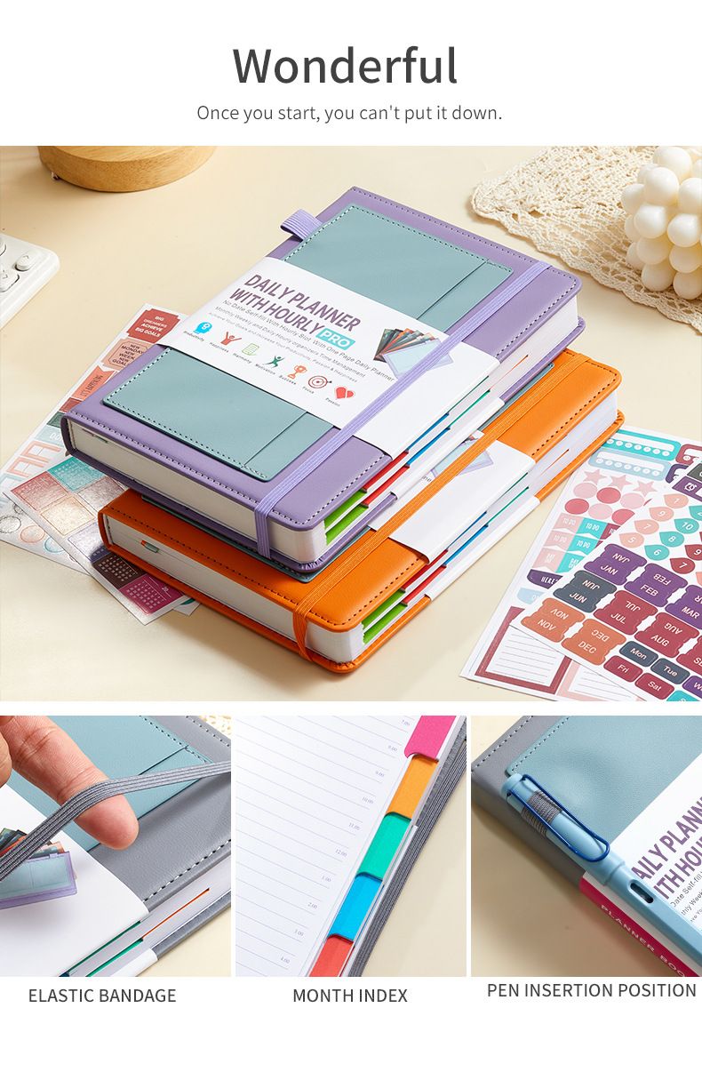 Undated Daily Planner Notebook With Elastic Band & Stickers – PU Leather Cover, 200 Sheets Of 80G High-Quality Paper_voghion.com