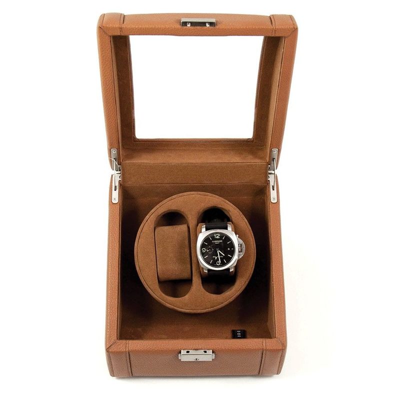Tan Leather Glass Lid Velour Lined Locking Dual Watch Winder With 2 Sizes Of Pillows (AC Or Batteries)_voghion.com