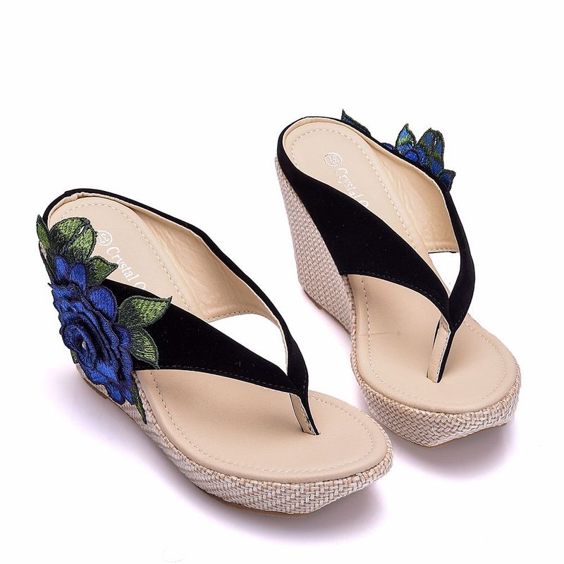 Damskor Vattentäta Kilsandaler Strandflip-flops Platå Tjocka Sulor Broderade Tofflor Sandaler_voghion.com