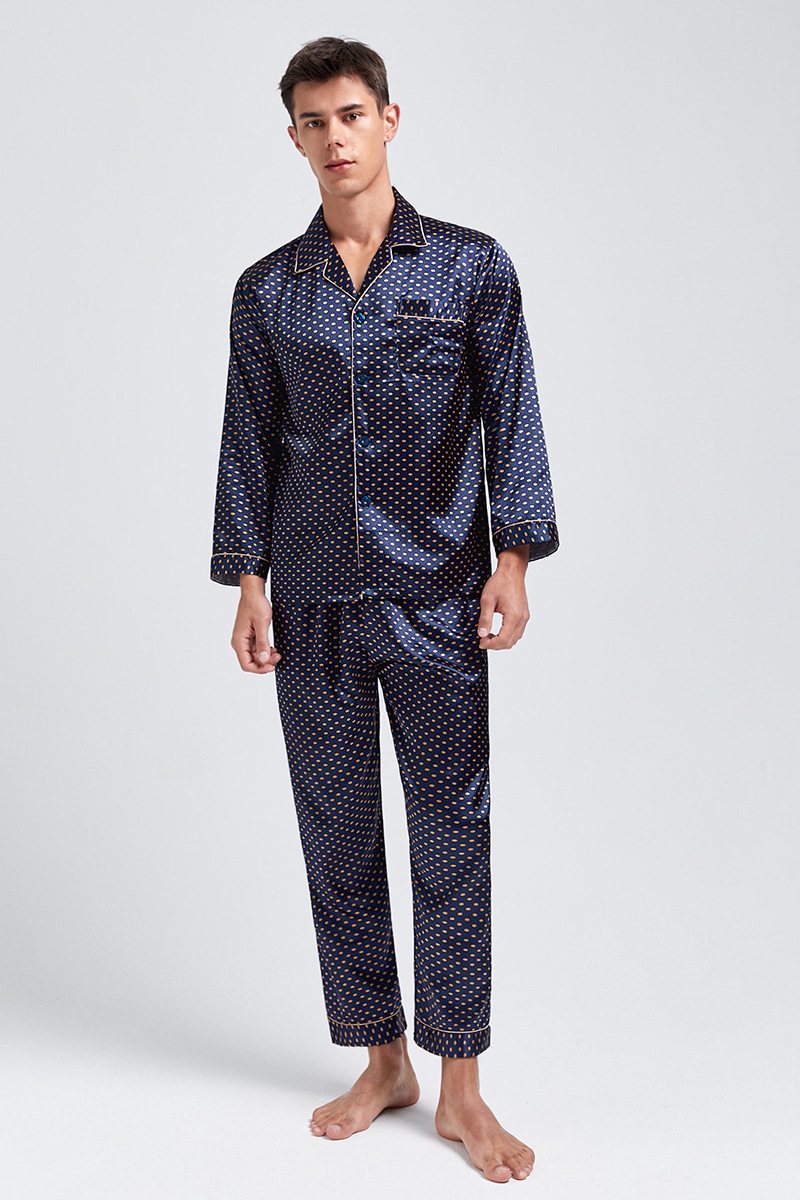 Pijama de seda estampado masculino, manga comprida, roupas para casa de tamanho grande, pijama de verão de seda gelada_voghion.com