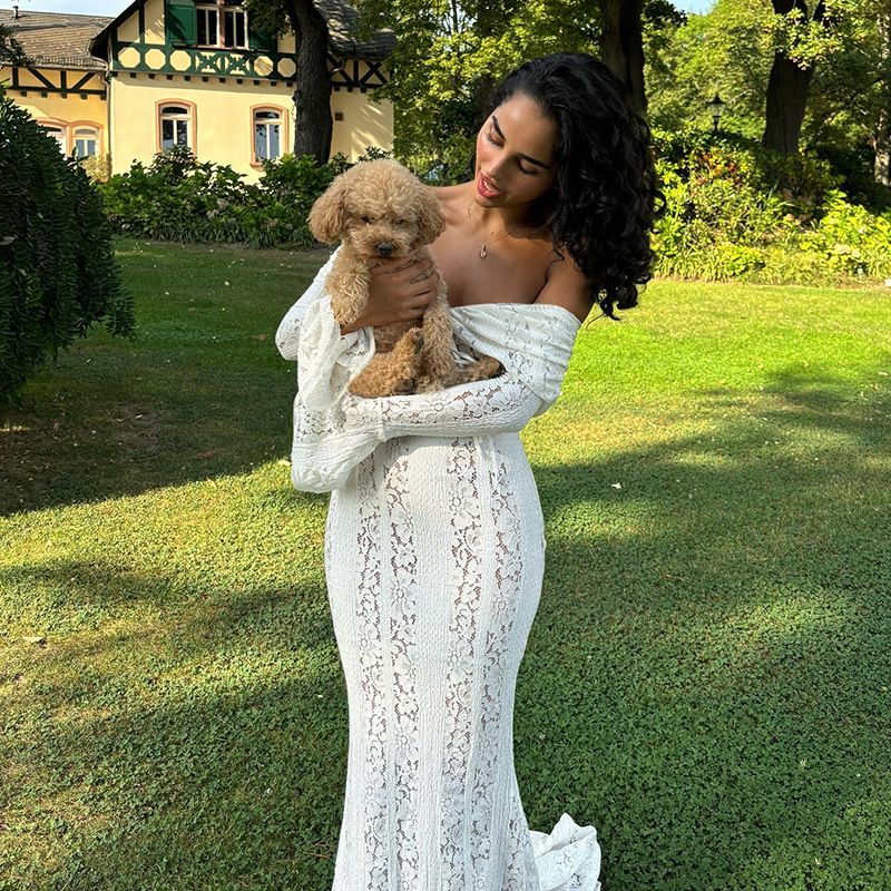 Women's Clothing Off-Shoulder Lace Mermaid Dress – Long-Sleeve Sexy Bodycon Gown (White/Black/Pink/Beige)_voghion.com