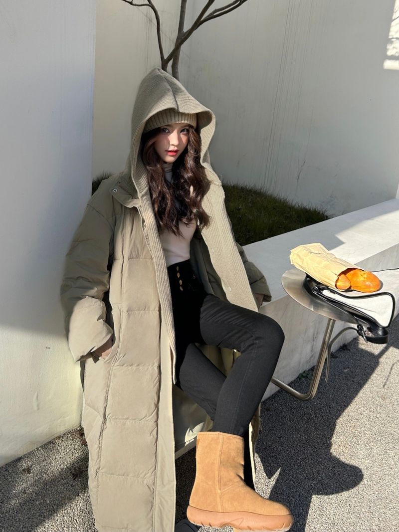 Women's Long Knitted Shawl Down Jacket – Korean Style Thick Loose Fit Winter Coat, Premium White Duck Down Filled Warm Outerwear_voghion.com