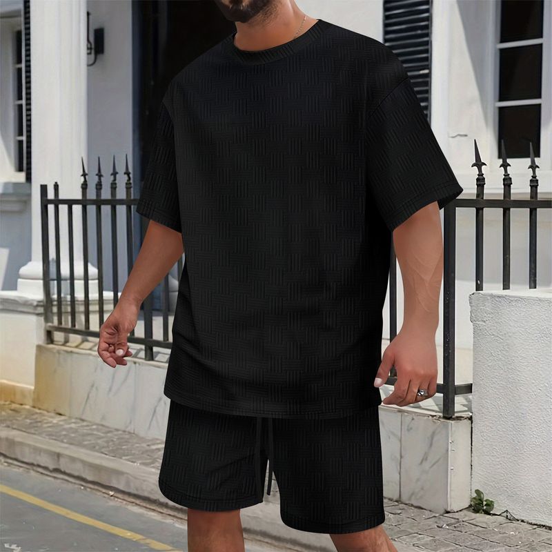 Conjunto masculino de camiseta e shorts de manga curta em malha waffle - gola de lapela com detalhe de zíper, terno casual de cor sólida_voghion.com