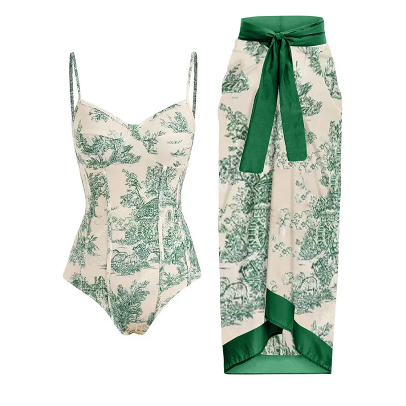 2023 new one-piece swimsuit women's conservative and slim print with steel support hard wrap swimsuit chiffon skirt_voghion.com