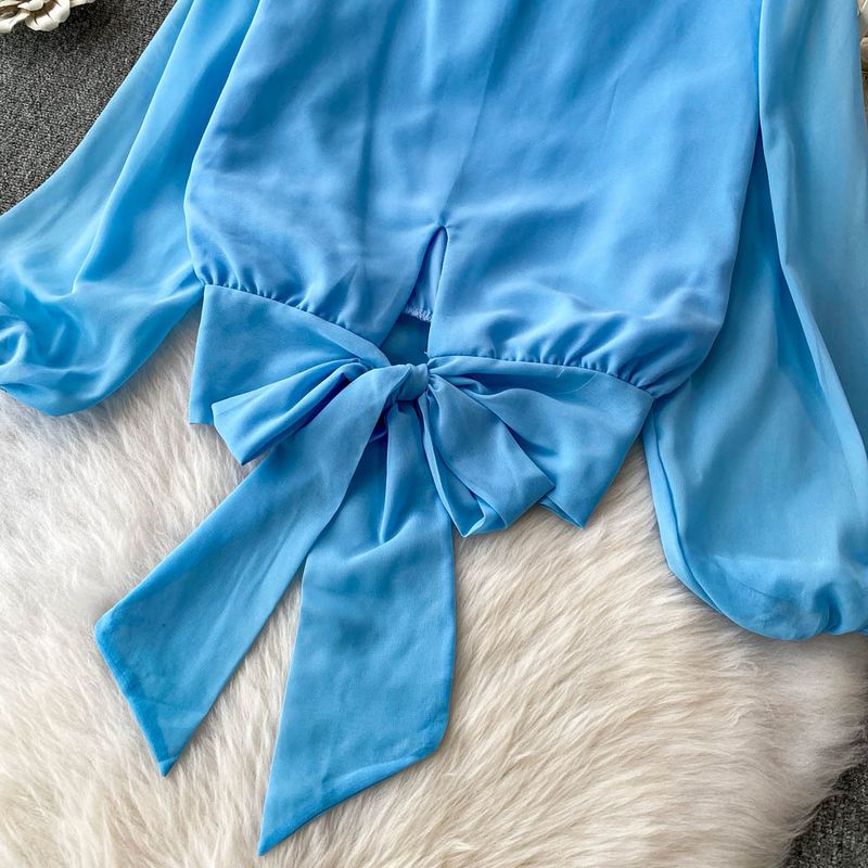 Zachte blauwe getailleerde top met pofmouwen + hoge taille slanke kanten cakerok, tweedelige set_voghion.com