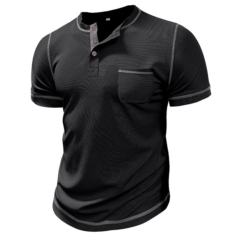 2024 Europäische und amerikanische Herrenbekleidung Rundhalsausschnitt Waffel Henry Kurzarm-T-Shirt Außenhandel Herrenknöpfe Kontrastierende helle Linie Boden_voghion.com