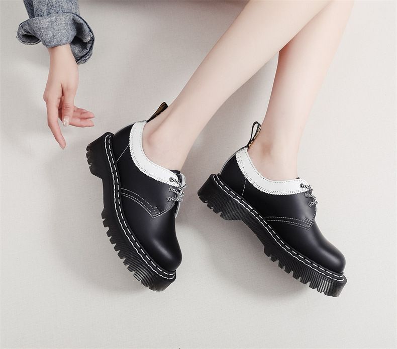 Scarpe Martin a 3 fori con suola spessa e scollatura bassa in vera pelle, doppia linea, nere e bianche, casual, da studente, suola in spugna_voghion.com