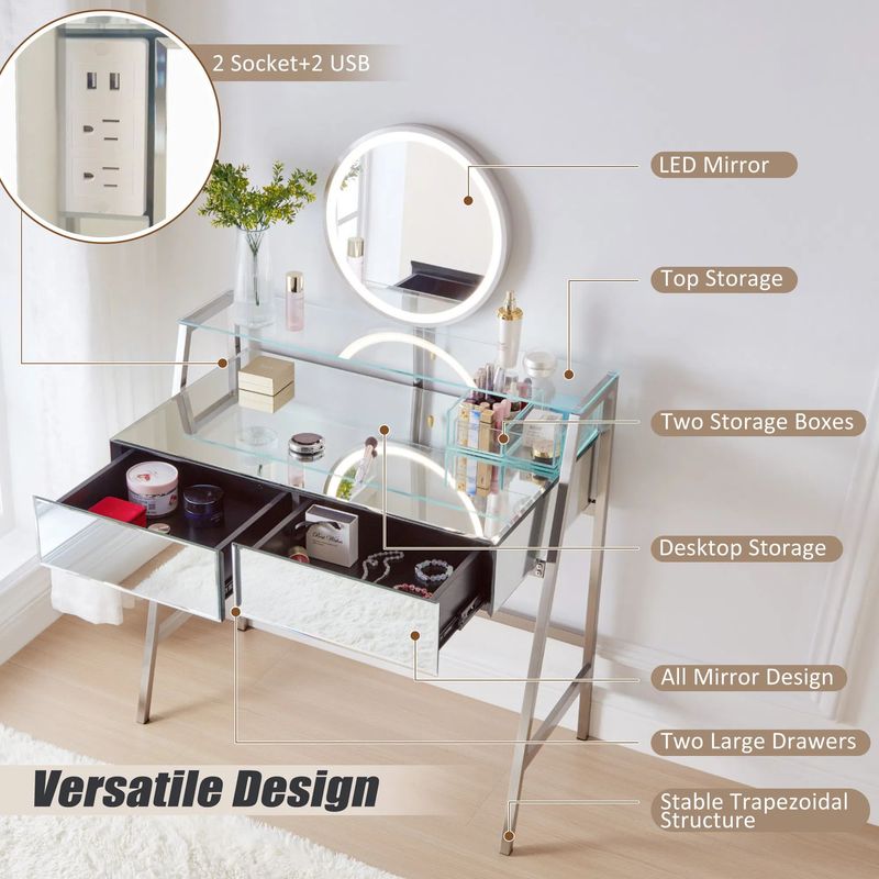 33.9" Mirrored Makeup Vanity Desk With Mirror And Lights, Mirrored Console Vanity Table With 2 Big Drawers & Open Shelf, Dressing Table With Charging Station For Bedroom, Silver_voghion.com