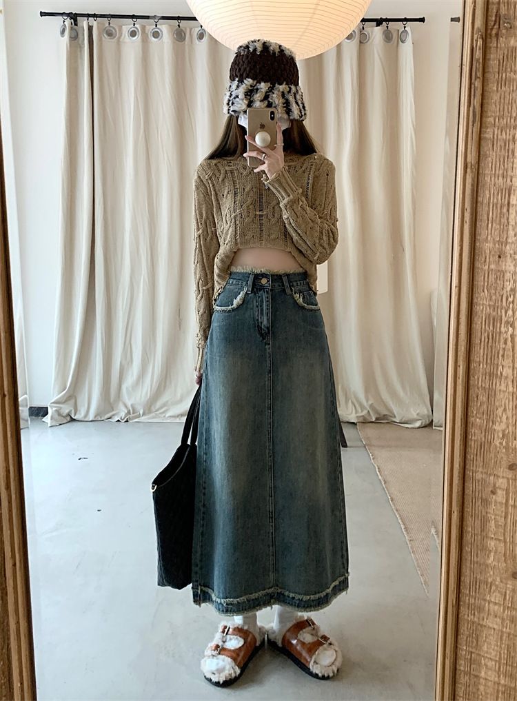 Fino Instagram Verão Cintura Alta Corpo Pequeno Denim A-line Design de Borda Desfiada Sensação Reta Tubo Envolto Quadril Comprimento Médio_voghion.com