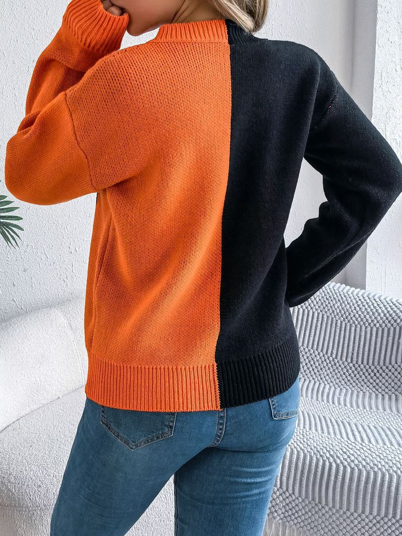 Autumn Winter Halloween Ghost Pumpkin Color-Block Long Sleeve Pullover Sweater Women's Fashion_voghion.com