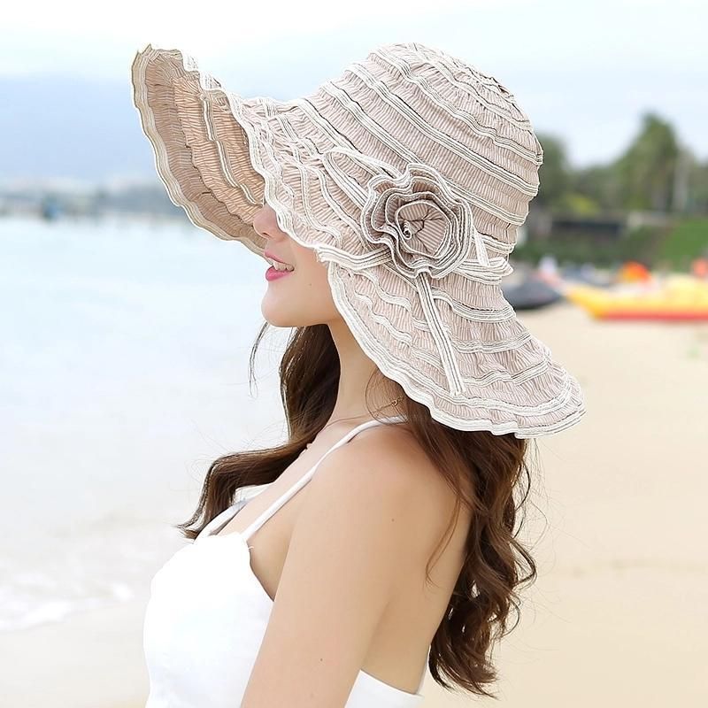Women Summer Sun Travel UV Protection Foldable Adjustable Wide Brim Hat For Beach_voghion.com